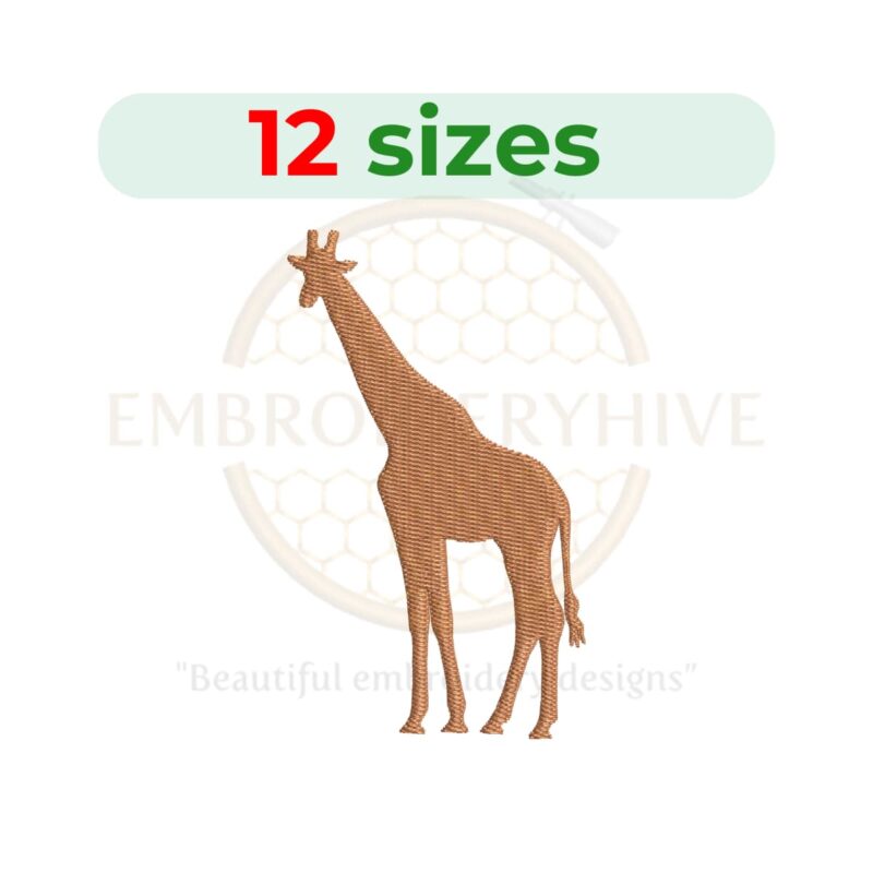 Giraffe silhouette embroidery design in 12 sizes, ranging from 2 to 7.5 inches in height, ideal for animal-themed embroidery projects.