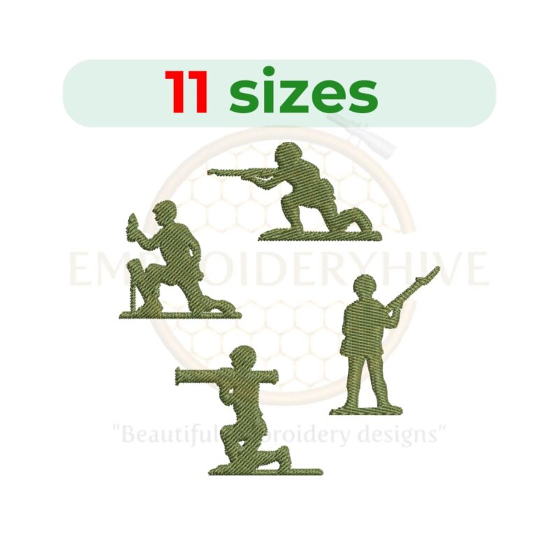 "Green Army Men Embroidery Design – Military-themed embroidery file in 11 sizes from 2.5 to 7.5 inches.