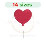 Heart balloon embroidery design, filled stitch, available in 14 sizes for Valentine's Day projects.