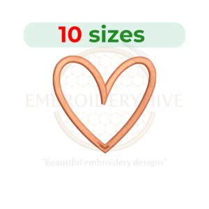 Heart embroidery design available in 10 sizes, from 0.75 to 5 inches in width, ideal for Valentine's Day or love-themed projects.