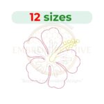Hibiscus outline embroidery design in 12 sizes, ranging from 2 to 7.5 inches in height, ideal for floral machine embroidery projects.