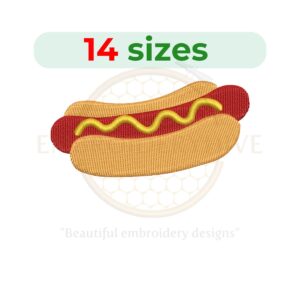 Hotdog embroidery design available in 14 sizes for machine embroidery projects, ideal for food-themed creations.