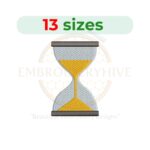 Hourglass embroidery design in 13 sizes, from 1.5 to 7.5 inches, perfect for time-themed projects.