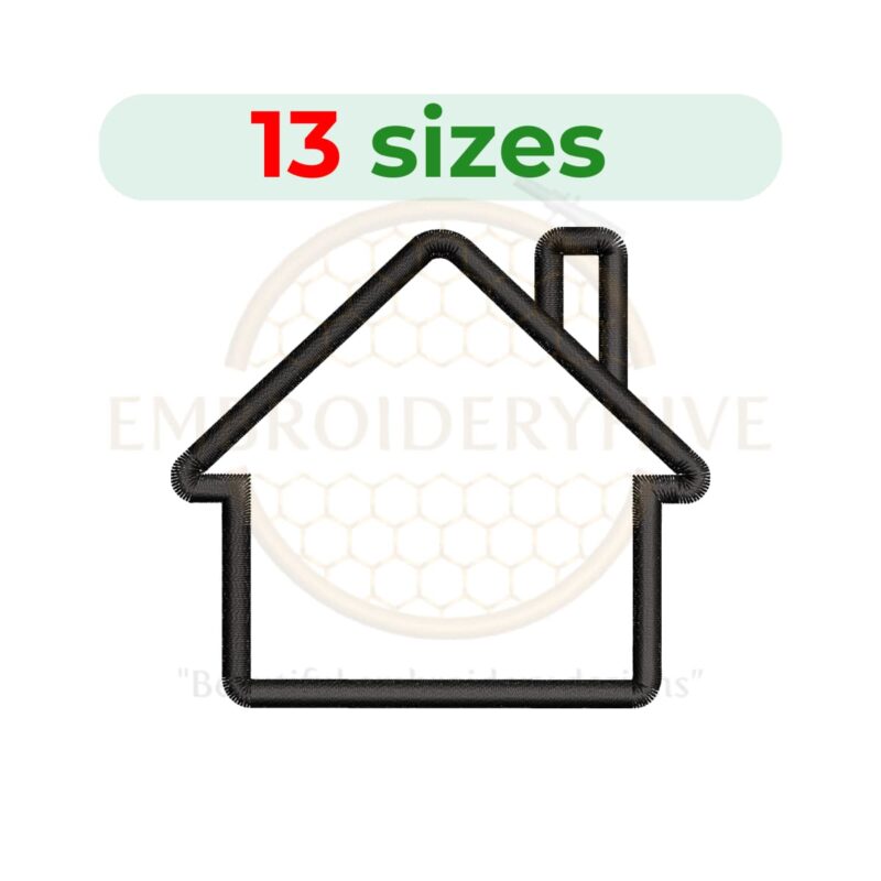 House outline embroidery design in 13 sizes, from 1.5 to 7.5 inches, perfect for family or dollhouse-themed projects