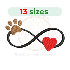 Infinity Paw Heart embroidery design available in 13 sizes for pet-themed projects.