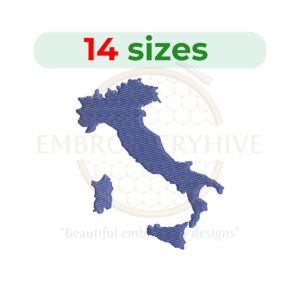 Italy map embroidery design with filled stitch, available in 14 sizes from 1 to 7.5 inches in height. Perfect for travel and cultural projects.