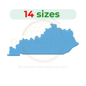 Kentucky state embroidery design with a fill stitch, available in 14 sizes from 1 to 7.5 inches in width. Perfect for US state-themed projects.