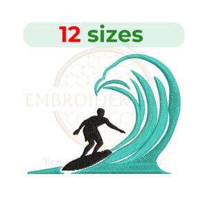 Male surfer silhouette machine embroidery design, available in 12 sizes from 2 to 7.5 inches for surfing-themed embroidery projects.