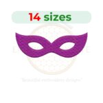 Mardi Gras mask silhouette embroidery design in 14 sizes, perfect for festive and costume-themed projects. Includes multiple file formats.