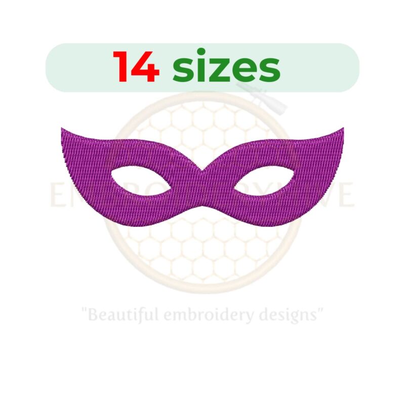 Mardi Gras mask silhouette embroidery design in 14 sizes, perfect for festive and costume-themed projects. Includes multiple file formats.