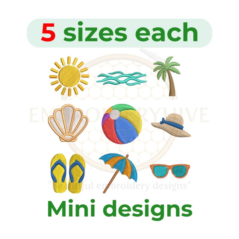 Beach Theme Embroidery Design Set – 9 Unique Tropical Patterns in 5 Sizes, Digital File for Machine Embroidery