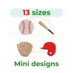 Mini Baseball Embroidery Design Set – Ball, Bat, Glove, Helmet in 5 Sizes from 1" to 2", Digital Machine Embroidery Files