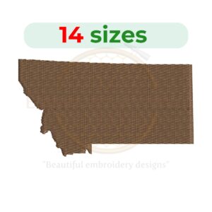 Montana state map embroidery design with filled stitch, available in 14 sizes from 1 to 7.5 inches in width. Perfect for state-themed projects.