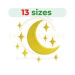 Moon and stars embroidery design available in 13 sizes from 1.5 to 7.5 inches in width, perfect for celestial-themed projects.