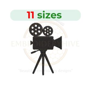 Movie Camera Embroidery Design – Classic film camera motif, available in 11 sizes from 2.5 to 7.5 inches