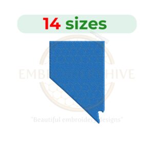 Nevada state embroidery design featuring 14 sizes, from 1 to 14 inches in width. Filled stitch for machine embroidery.
