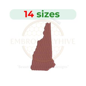 New Hampshire state map embroidery design with filled stitch, available in 14 sizes from 1 to 7.5 inches in height. Perfect for state-themed embroidery projects.