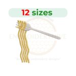 Noodles in Fork Embroidery Design in 12 sizes (2 inches to 7.5 inches in width). Available as a digital download in multiple embroidery formats (DST, PES, JEF, VP3, and more). Perfect for food lovers, chefs, and kitchen decor projects.