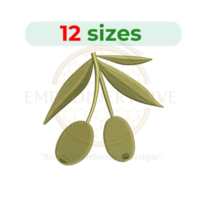 Olive branch silhouette embroidery design in 12 sizes, perfect for kitchen decor and nature-themed projects.