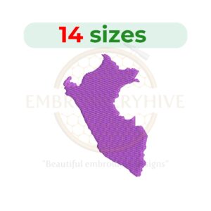 Peru embroidery design with a filled stitch, available in 14 sizes from 1 to 7.5 inches in height. Ideal for South American-themed projects.