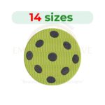 Pickleball embroidery design in 14 sizes, from 1 inch to 7.5 inches, compatible with popular embroidery machine formats.