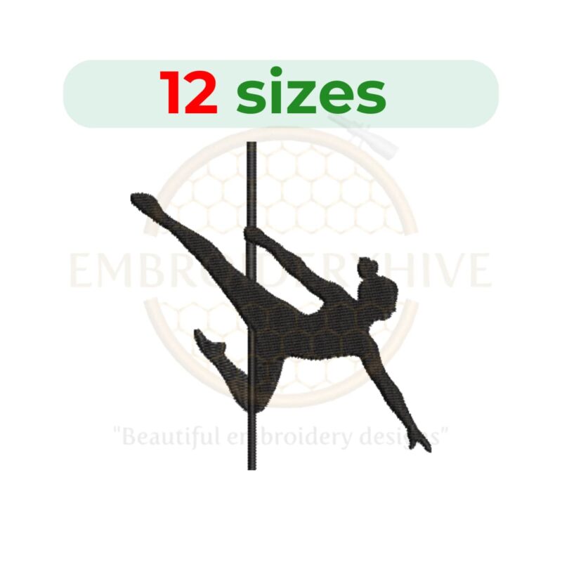 Pole Dancer Embroidery Design – A stylish and dynamic dance-themed embroidery file available in 12 sizes from 2 to 7.5 inches.