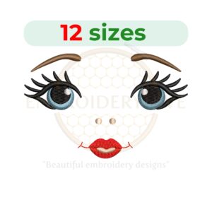 Precious Doll Face embroidery design featuring a sweet mini face, available in 12 sizes from 2 to 7.5 inches in width, perfect for adding a charming touch to your embroidery projects.