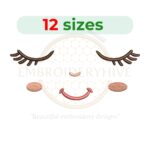 Pretty Doll face embroidery design featuring a sweet girl face, available in 12 sizes ranging from 2 to 7.5 inches in width, perfect for adding charm to your projects.