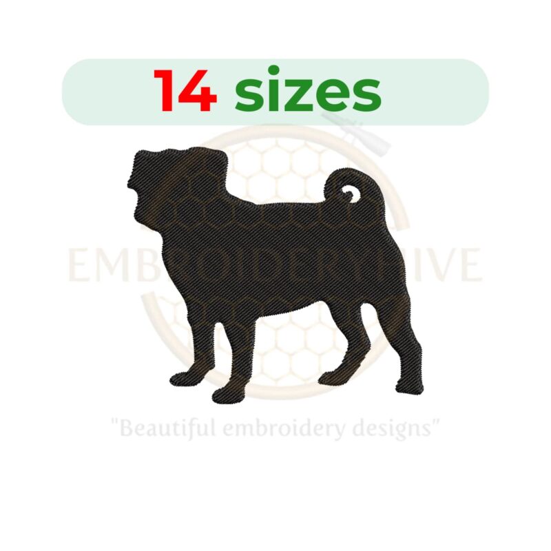 Pug Silhouette Embroidery Design - 12 Sizes from 1 to 7.5 Inches