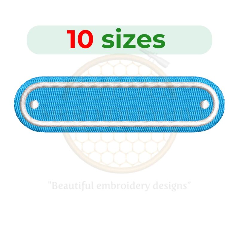 Rectangle name plate embroidery design in 10 sizes, ranging from 3 to 7.5 inches in width, ideal for name patches and rounded rectangles