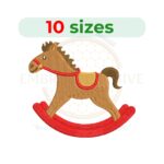 Rocking Horse Embroidery Design – A classic wooden toy horse on rockers, available in 10 sizes from 3 to 7.5 inches.