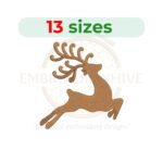 Rudolf Reindeer embroidery design available in 13 sizes from 1.5 to 7.5 inches in height, perfect for Christmas projects. Formats: DST, EXP, PES, and more.