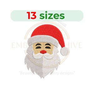Santa Claus face embroidery design, available in 13 sizes for machine embroidery, perfect for Christmas-themed projects.