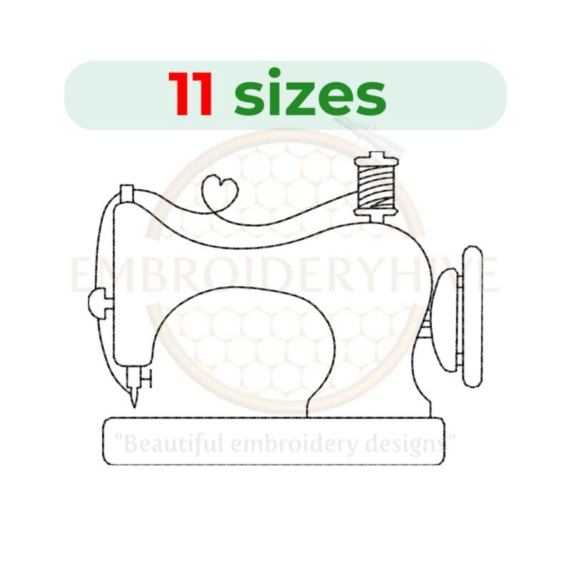 Sewing machine embroidery design in 11 sizes, perfect for stitching creative sewing-themed projects.