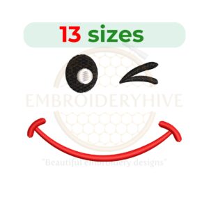 Smiley face embroidery design featuring a cheerful emoji with eyes and a smile, available in 13 sizes ranging from 1.5 to 7.5 inches, ideal for fun and expressive projects.