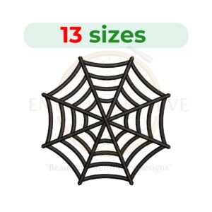 Spider web embroidery design available in 13 sizes, ranging from 1.5 to 7.5 inches, perfect for Halloween-themed projects.