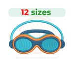 Silhouette swim goggles embroidery design available in 12 sizes, perfect for swimming-themed projects.