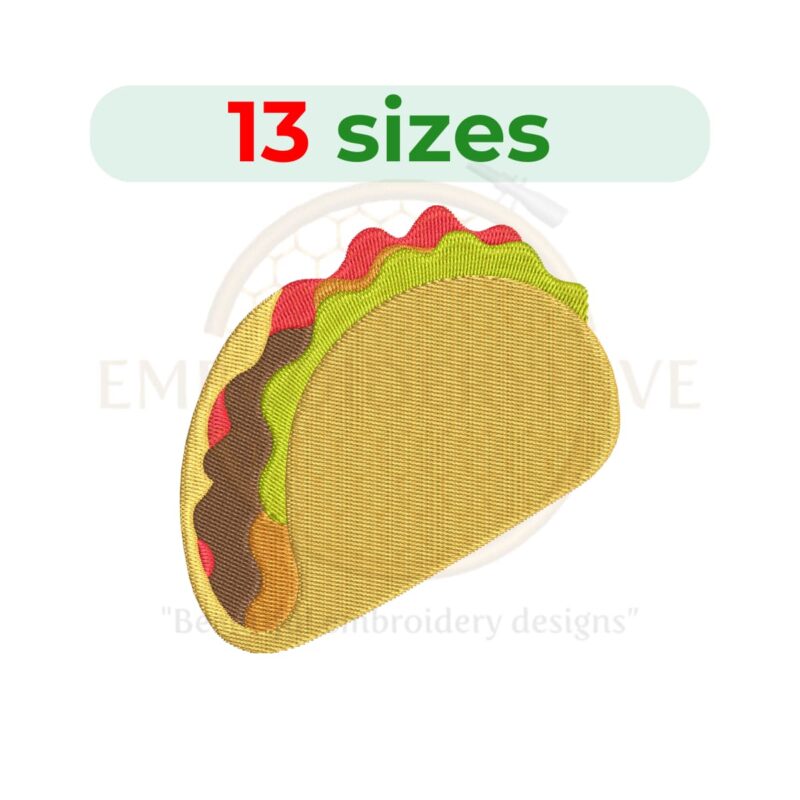 Taco embroidery design in 13 sizes, perfect for food-themed machine embroidery projects.
