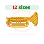 Trumpet embroidery design featuring 12 sizes from 2 to 7.5 inches, available in multiple formats for machine embroidery projects.