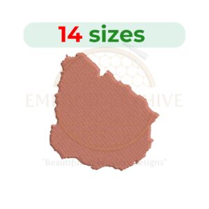 Uruguay map embroidery design with filled stitch, available in 14 sizes from 1 to 7.5 inches in height. Ideal for country-themed embroidery projects.