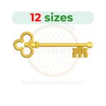 Vintage key embroidery design in 12 sizes, from 2 to 7.5 inches, available in multiple formats for machine embroidery projects.