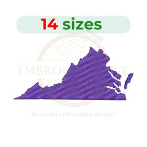 Virginia state map embroidery design with filled stitch, available in 14 sizes from 1 to 7.5 inches in width. Ideal for state-themed embroidery projects.