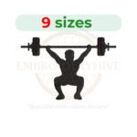 Weightlifter embroidery design featuring a silhouette of a weightlifter, available in 9 sizes from 3.5 to 7.5 inches in width.