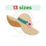 Stylish woman's hat embroidery design in filled stitch, available in 13 sizes for machine embroidery projects.