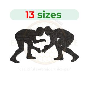 Wrestlers Embroidery Design – Two wrestlers grappling embroidery file in 13 sizes from 1.5 to 7.5 inches.