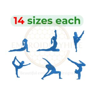 Yoga Poses machine embroidery design bundle with 6 unique yoga silhouettes, available in 14 sizes from 1 to 14 inches for embroidery projects.