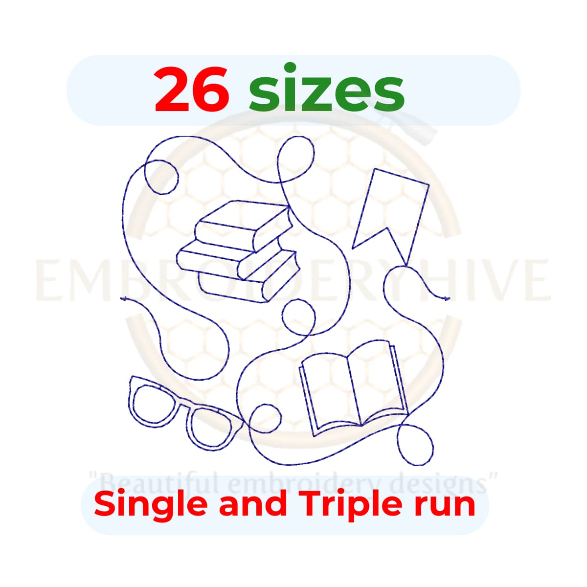 Books Quilt Block Embroidery Design – 26 Sizes, Square Format, Two Stitch Styles