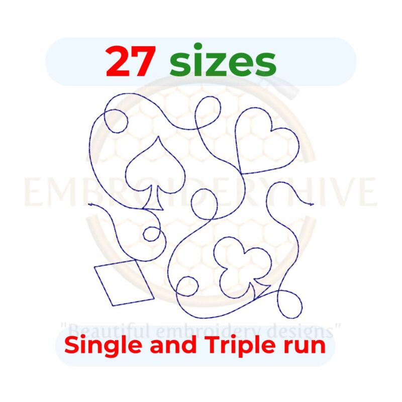 Card Suit Quilt Block Embroidery Design – Hearts, Spades, Clubs, and Diamonds in 2 Stitch Styles