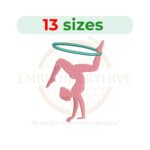Gymnast girl silhouette embroidery design in filled stitch, available in 13 sizes for machine embroidery projects.