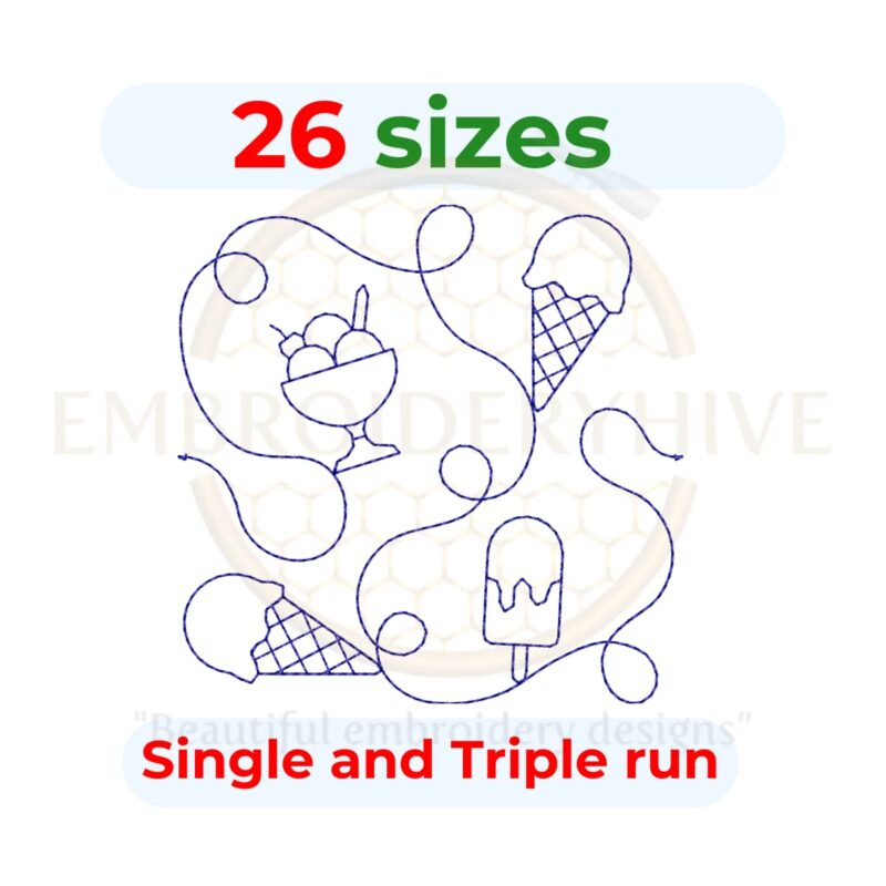 Ice Cream cone Quilting Embroidery Design – 26 Sizes, Single and Triple Stitch Styles, Digital Quilt Block for 3" to 12" Hoops